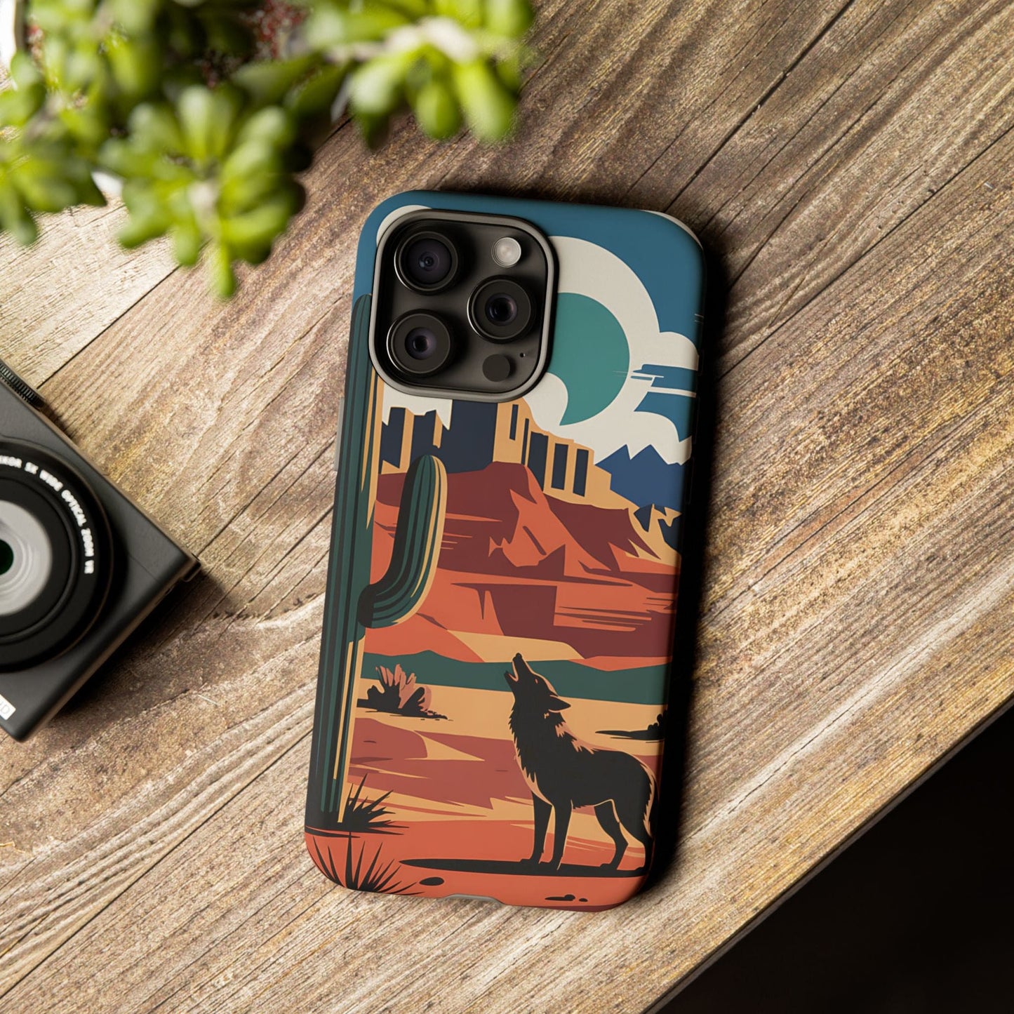 Phone Case with Mountain and Cactus Design