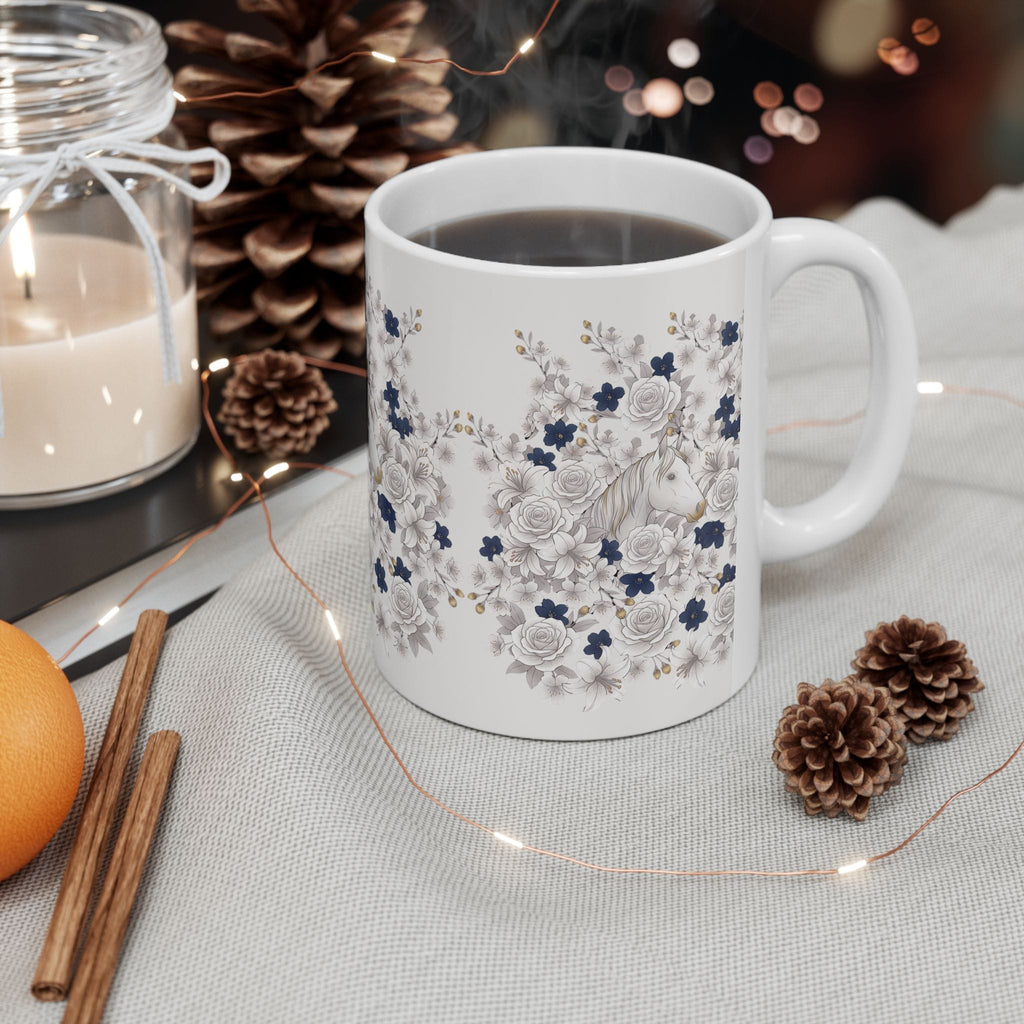 White Horse & Roses Floral Coffee Mug