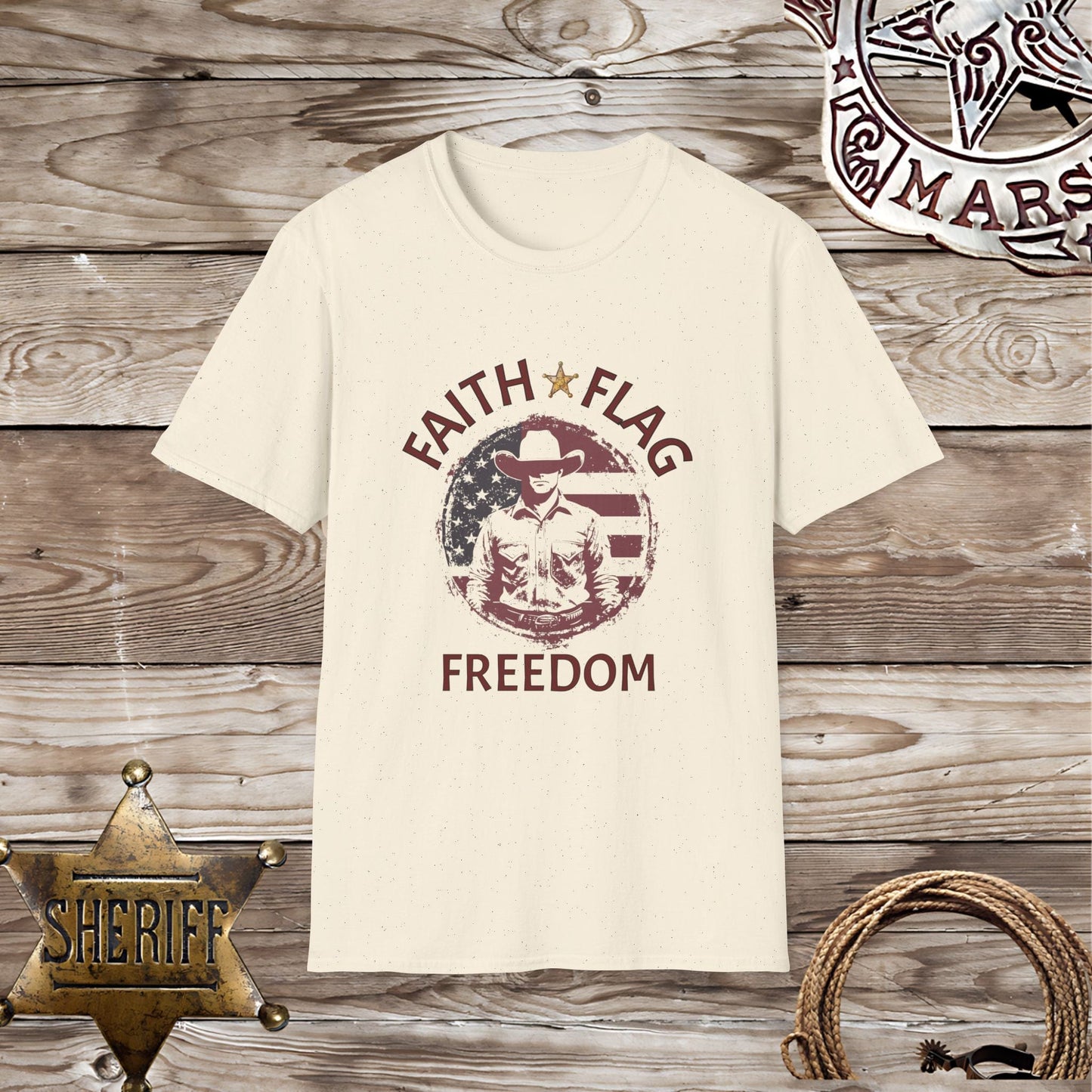 Softstyle Unisex T-Shirt: Faith Flag Freedom