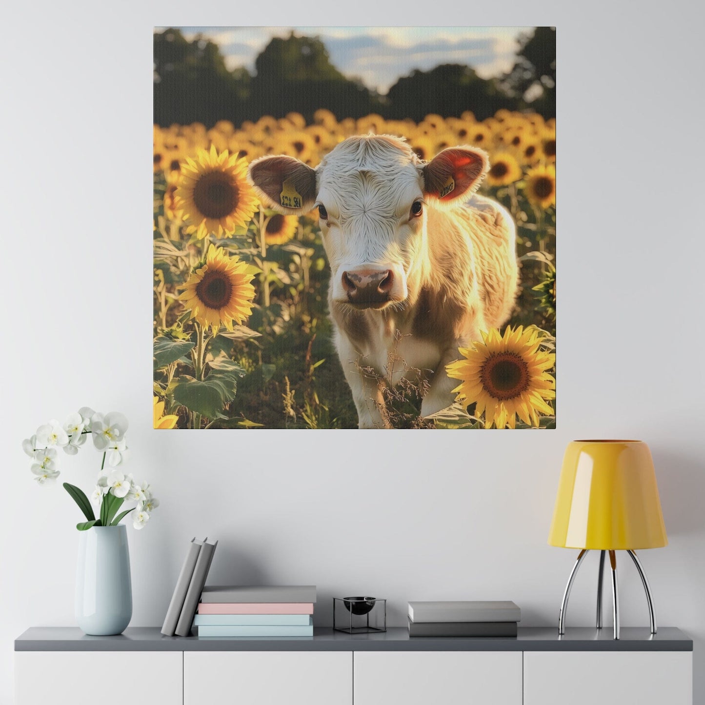 Matte Canvas, Stretched, 0.75" -Calf in a Field of Sunflowers