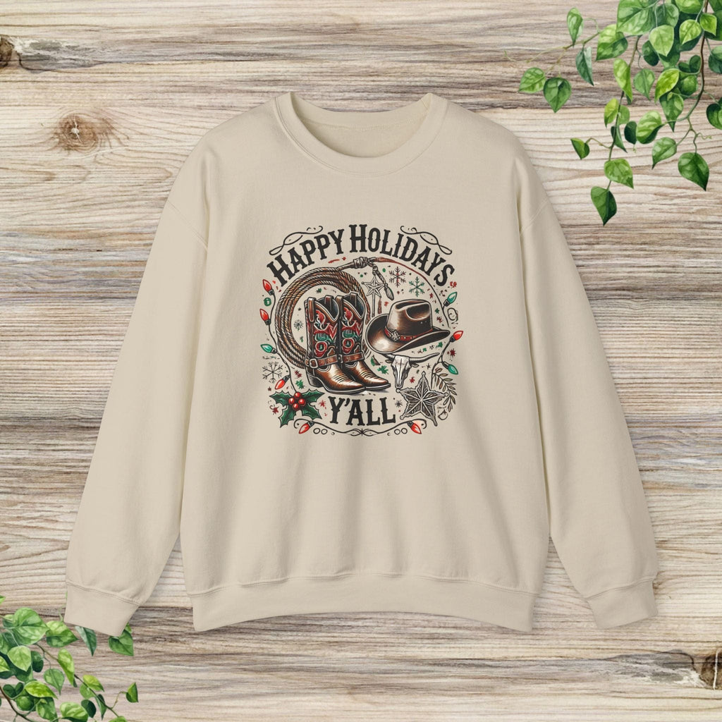 Happy Holidays Y'all Cowboy Boots Western Christmas Sweatshirt