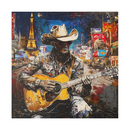 Matte Canvas, Stretched, 0.75"-Guitar Playing Cowboy with City in background