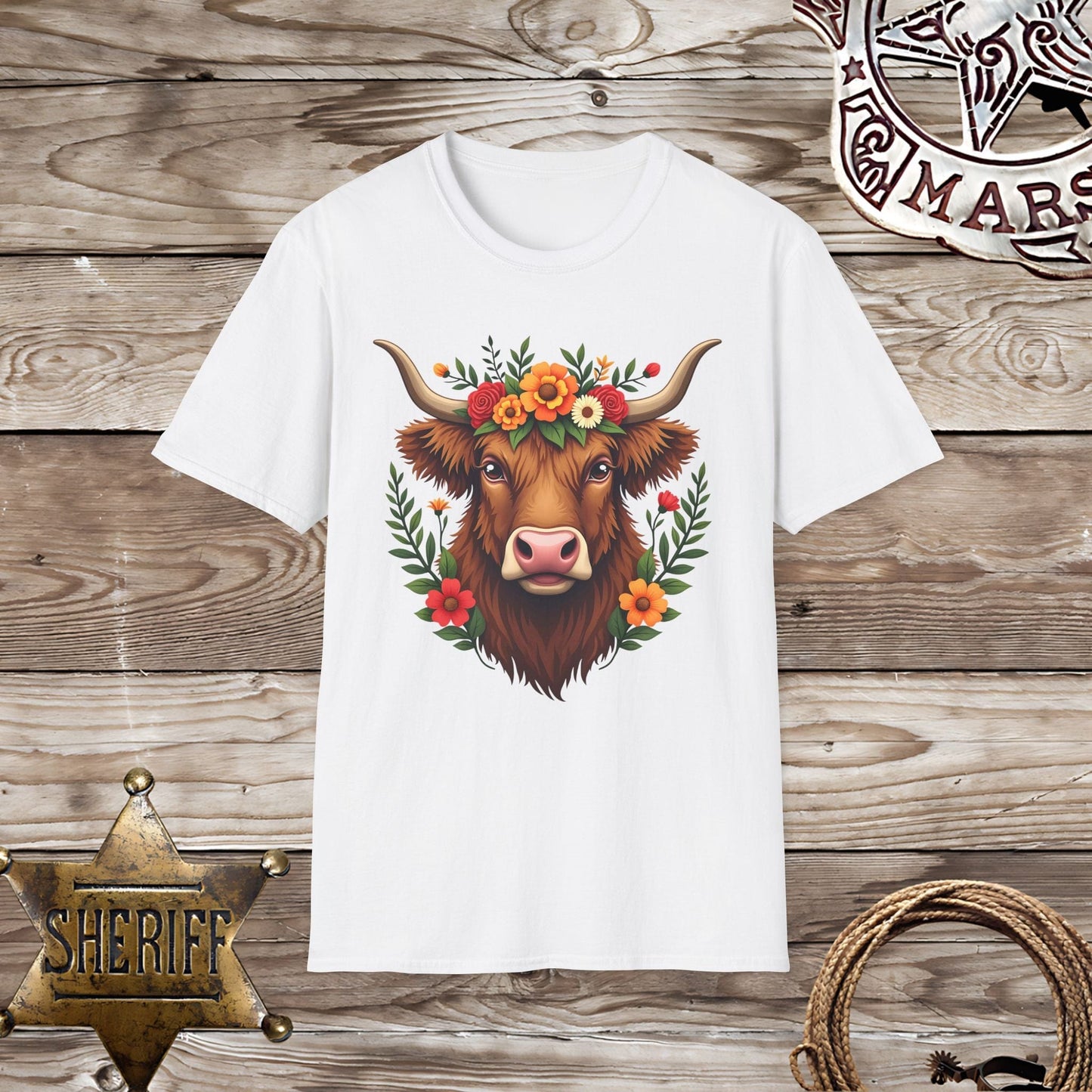 Softstyle Unisex T-Shirt-Highland cow with Flowers