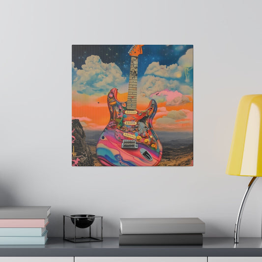 Matte Canvas, Stretched, 0.75" - Vibrant Colored Guitar with Clouds in Foreground