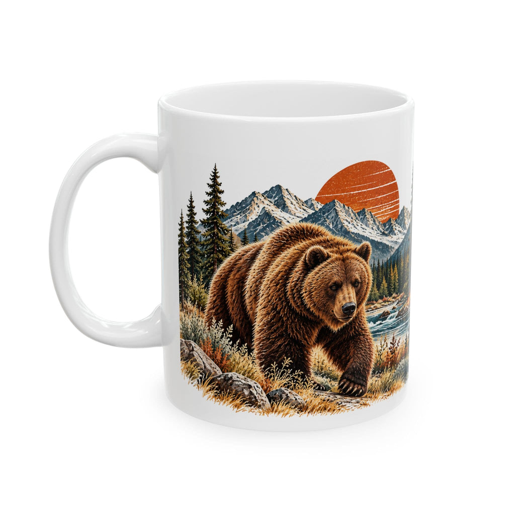 Bear Coffee Mug, Western Wildlife Mug, Rustic Mountain Bear Gift, Forest Sunset Ceramic Mug, 11 oz