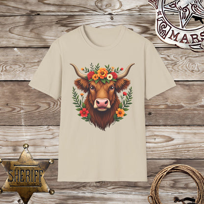 Softstyle Unisex T-Shirt-Highland cow with Flowers