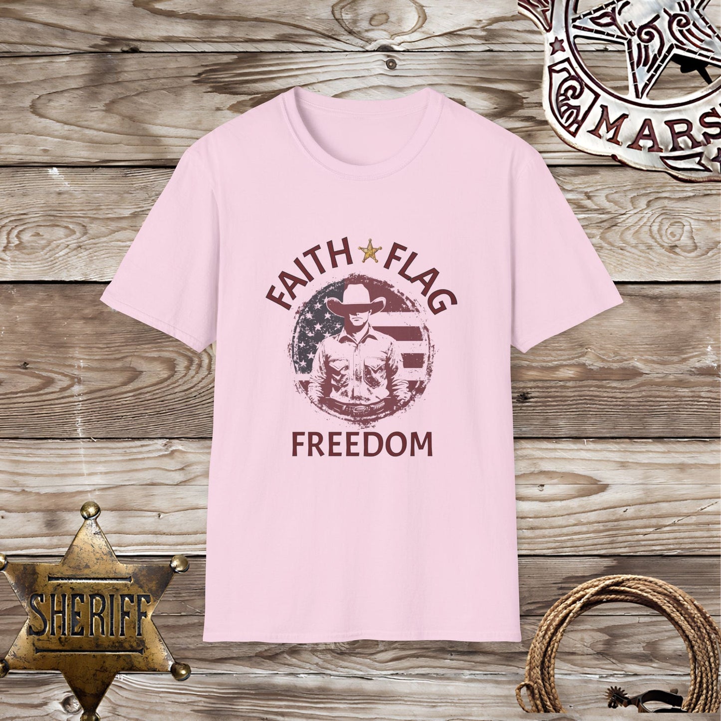 Softstyle Unisex T-Shirt: Faith Flag Freedom