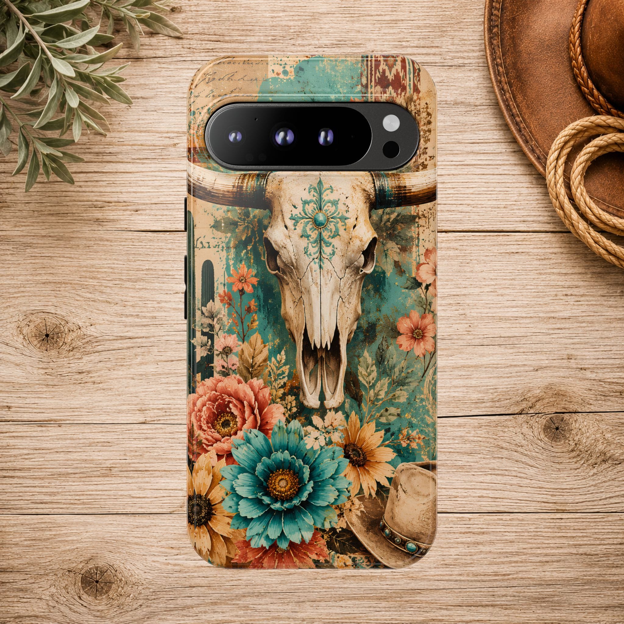 Turquoise Floral Longhorn Western Phone Case