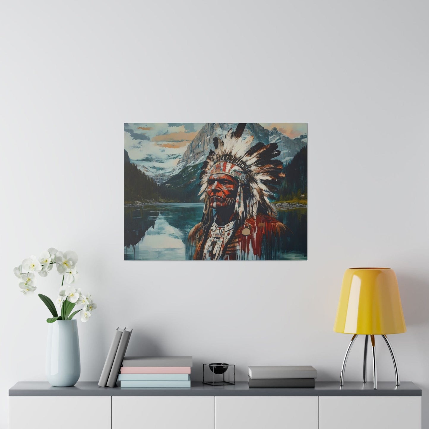 Matte Canvas, Stretched, 0.75"-Indian Chief Reflection Coming out of Water