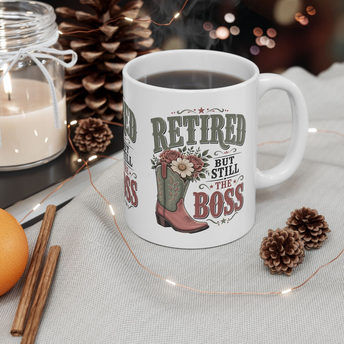 Retired But Still the Boss Mug, Funny Retirement Gift for Women, Western Cowgirl Coffee Mug, Cowboy Boot Gift, 11 oz