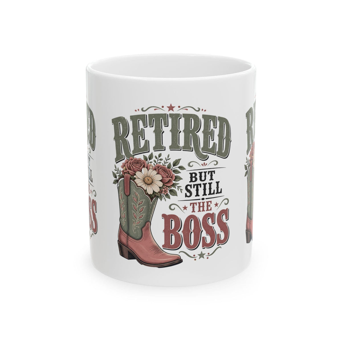 Retired But Still the Boss Mug, Funny Retirement Gift for Women, Western Cowgirl Coffee Mug, Cowboy Boot Gift, 11 oz