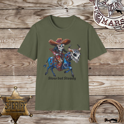 Softstyle Unisex T-Shirt:  Skelton riding a bull