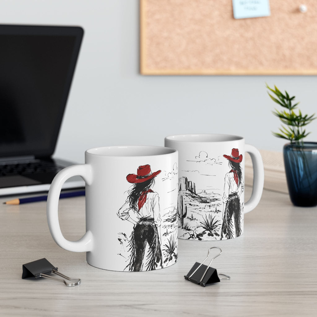 Red Hat Cowgirl Desert Sketch Coffee Mug