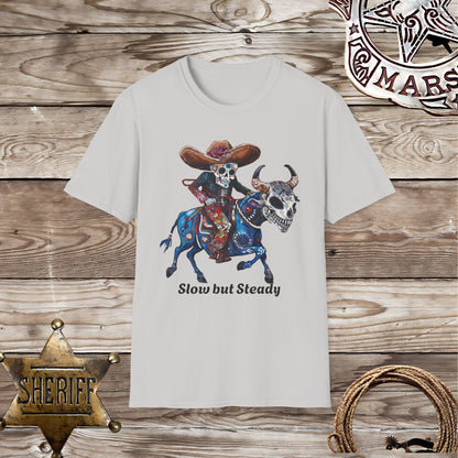 Softstyle Unisex T-Shirt:  Skelton riding a bull