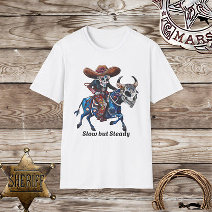 Softstyle Unisex T-Shirt:  Skelton riding a bull