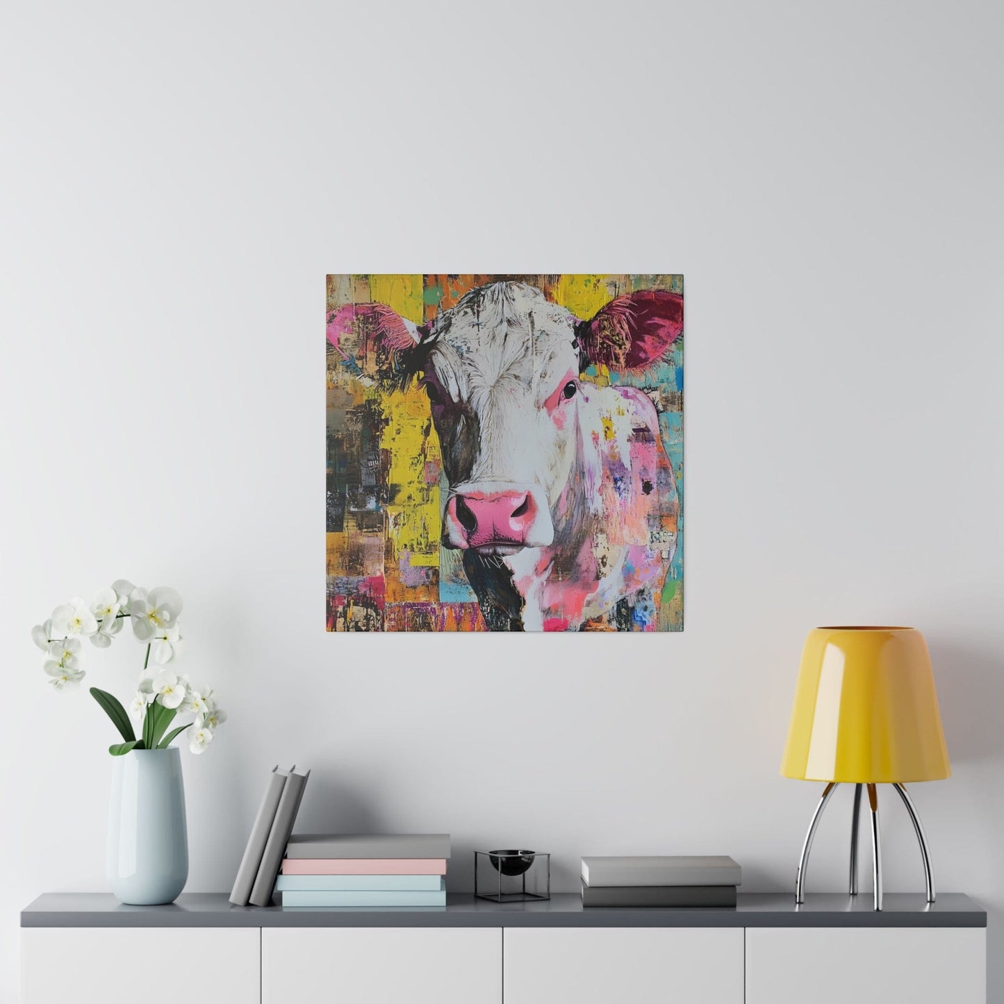 Matte Canvas, Stretched, 0.75"-White face cow with colorful body and background