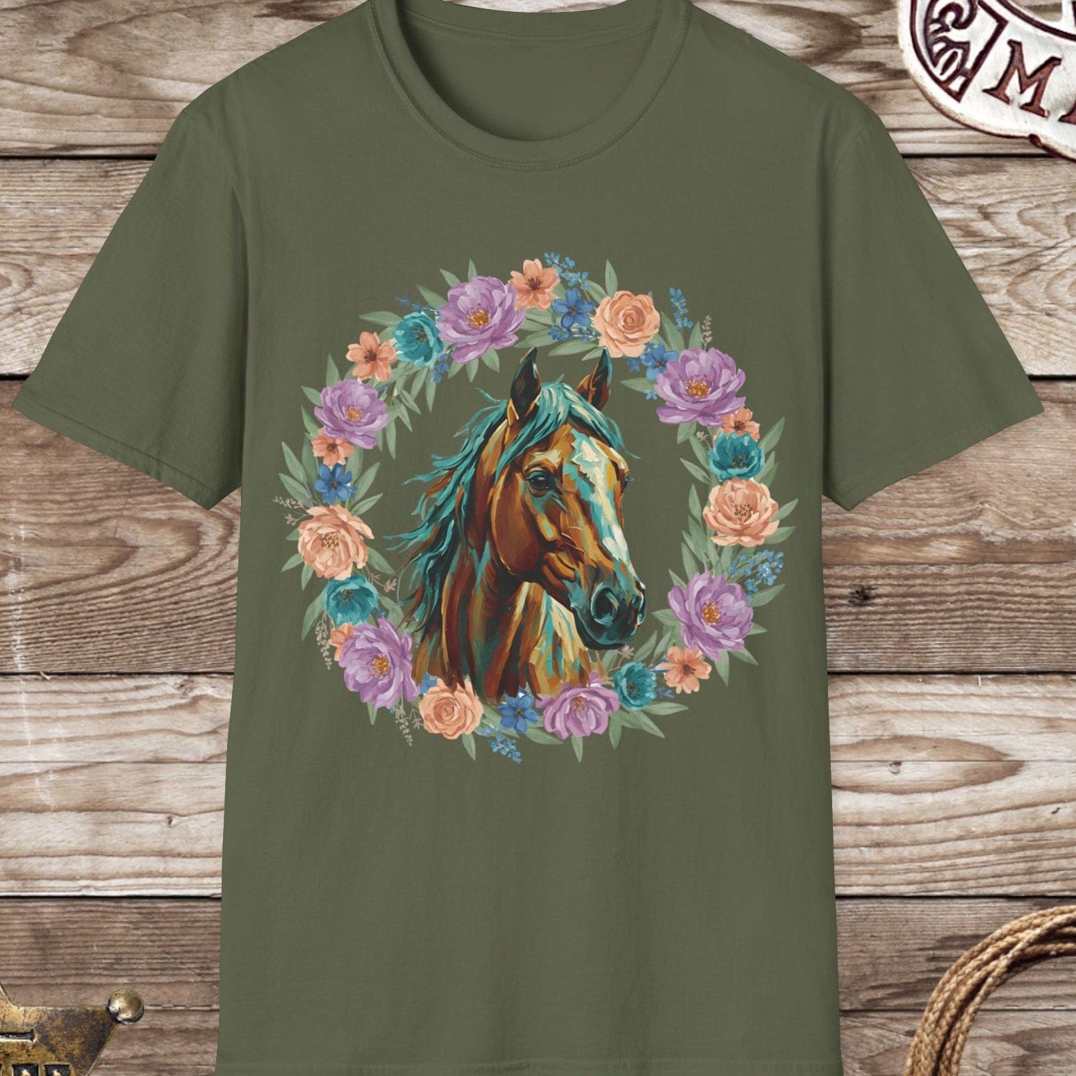 Horse Portrait Floral Wreath T-Shirt