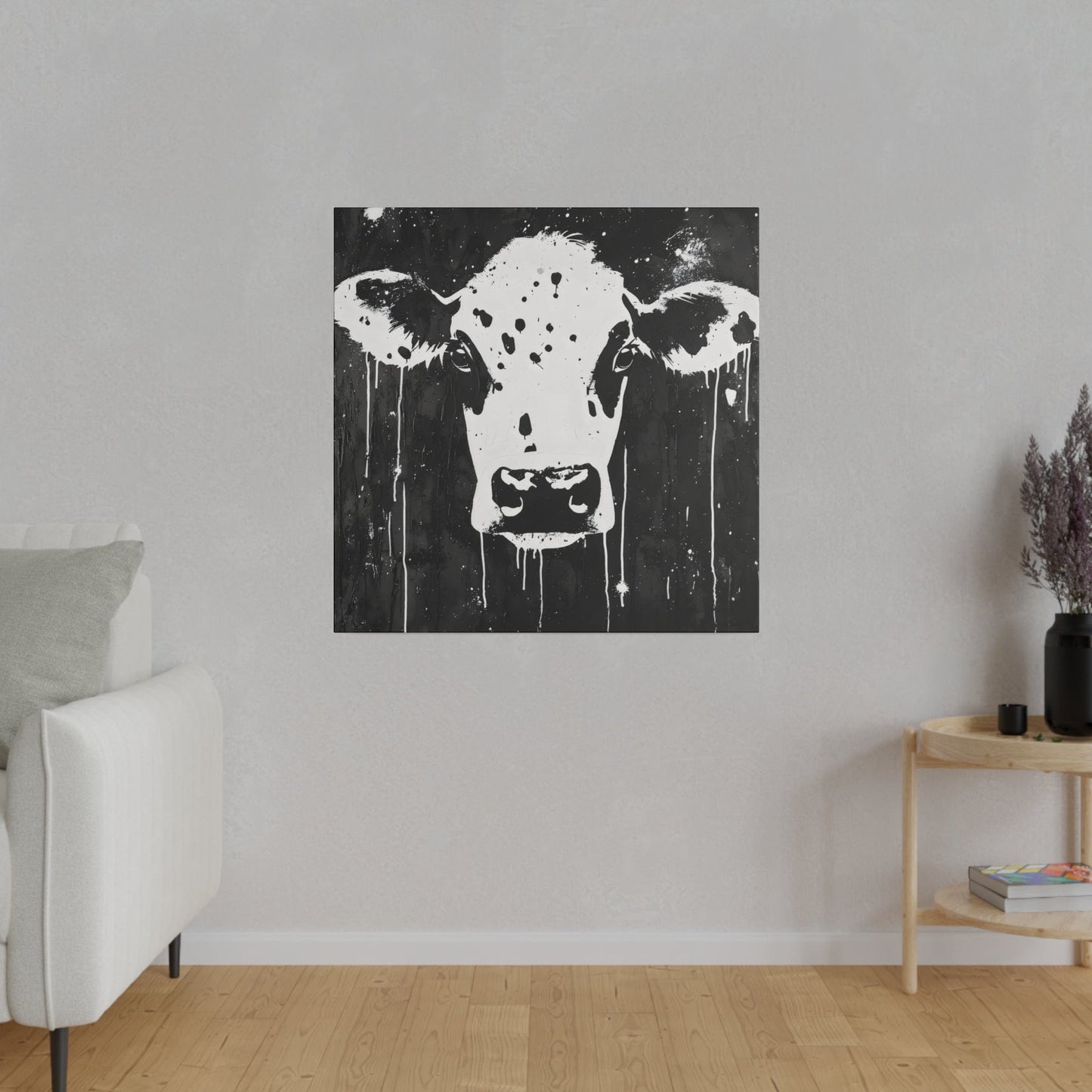 Matte Canvas, Stretched, 0.75"-Black and White print of Cow's head