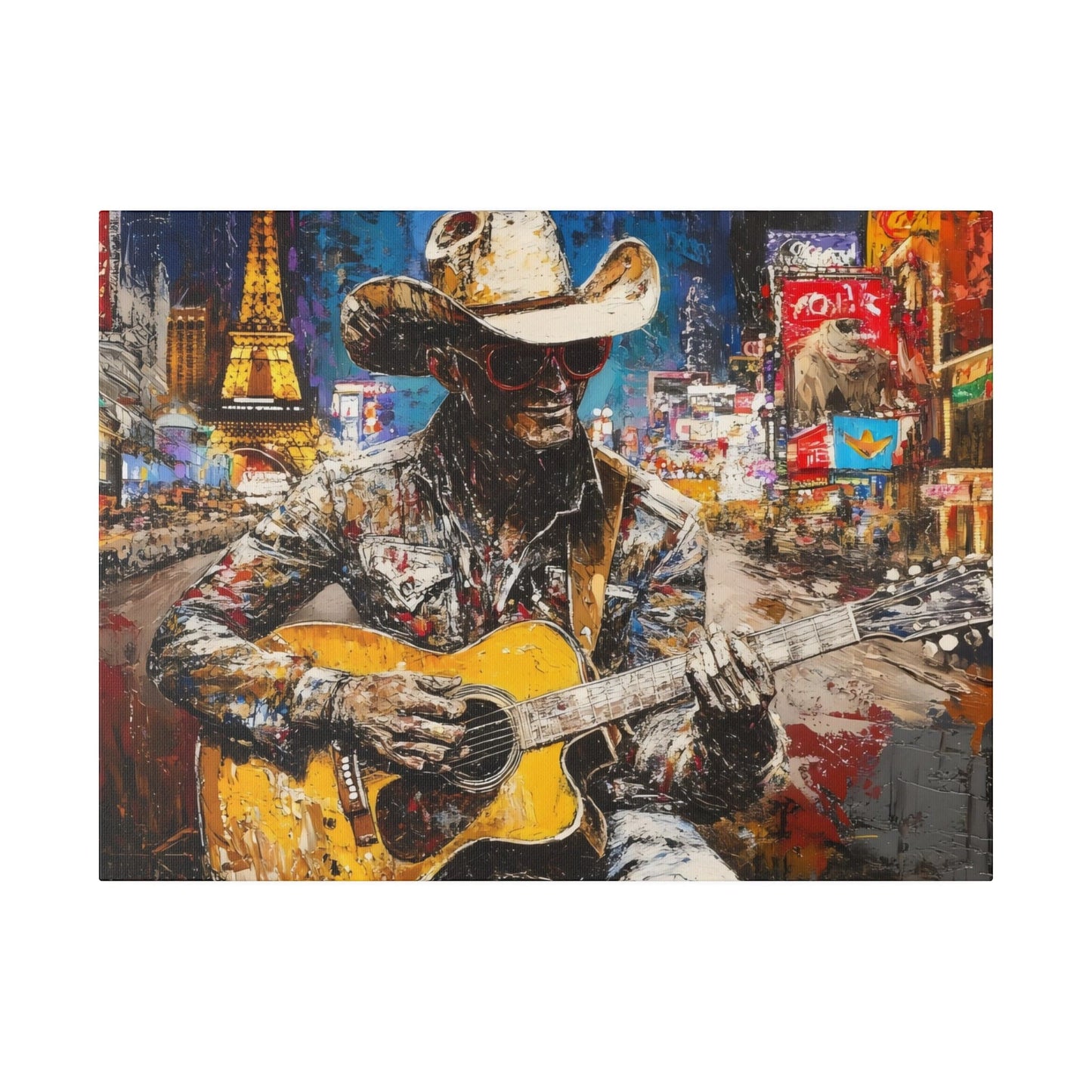 Matte Canvas, Stretched, 0.75"-Guitar Playing Cowboy with City in background