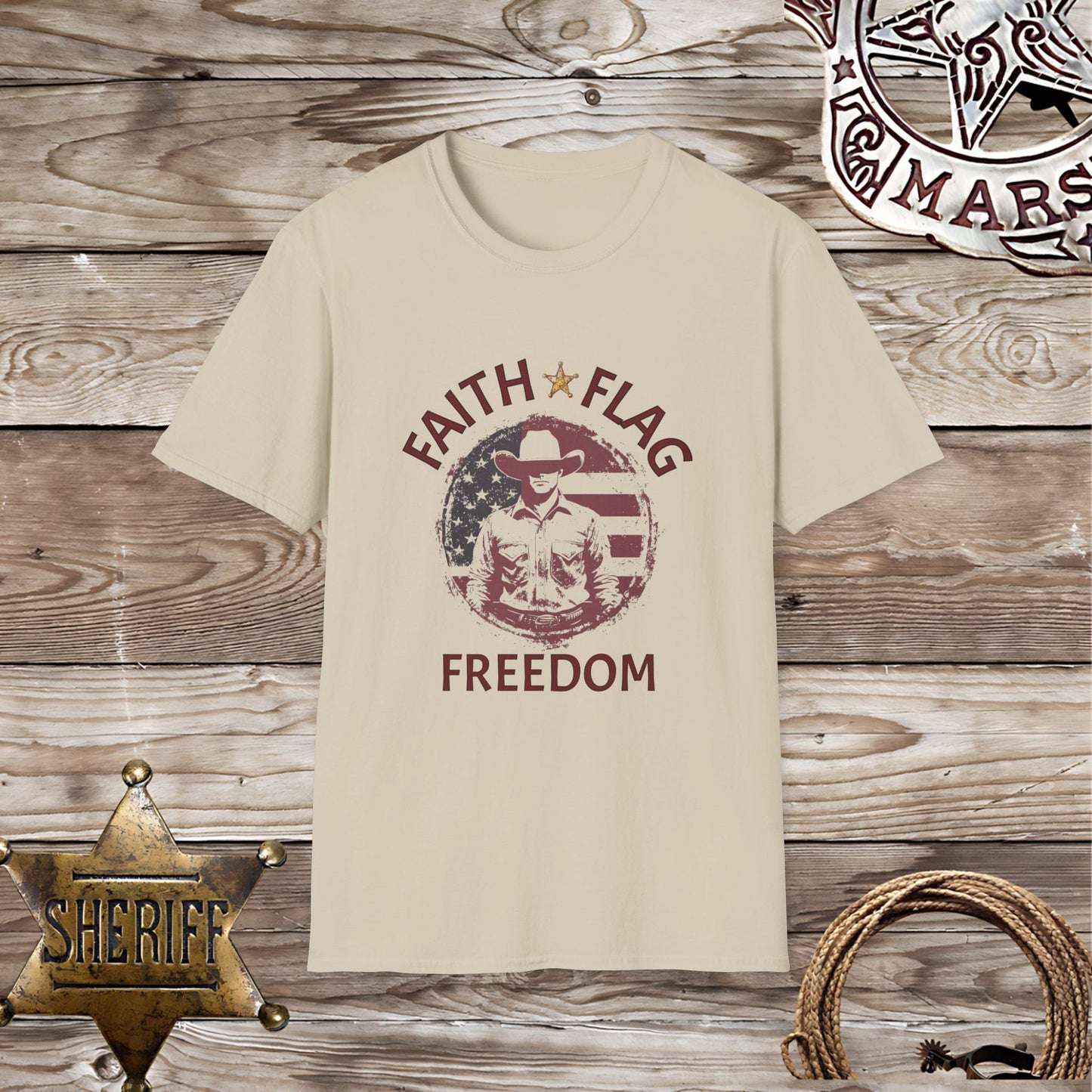 Softstyle Unisex T-Shirt: Faith Flag Freedom