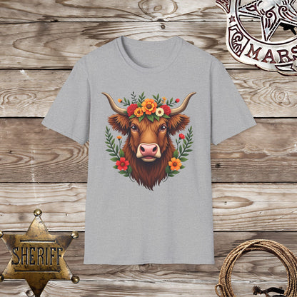 Softstyle Unisex T-Shirt-Highland cow with Flowers