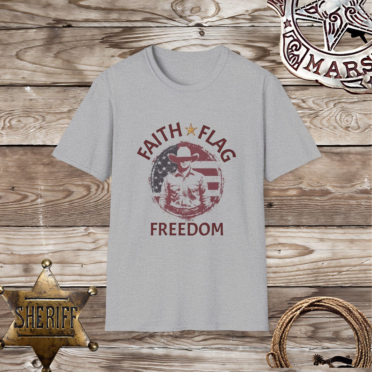 Softstyle Unisex T-Shirt: Faith Flag Freedom