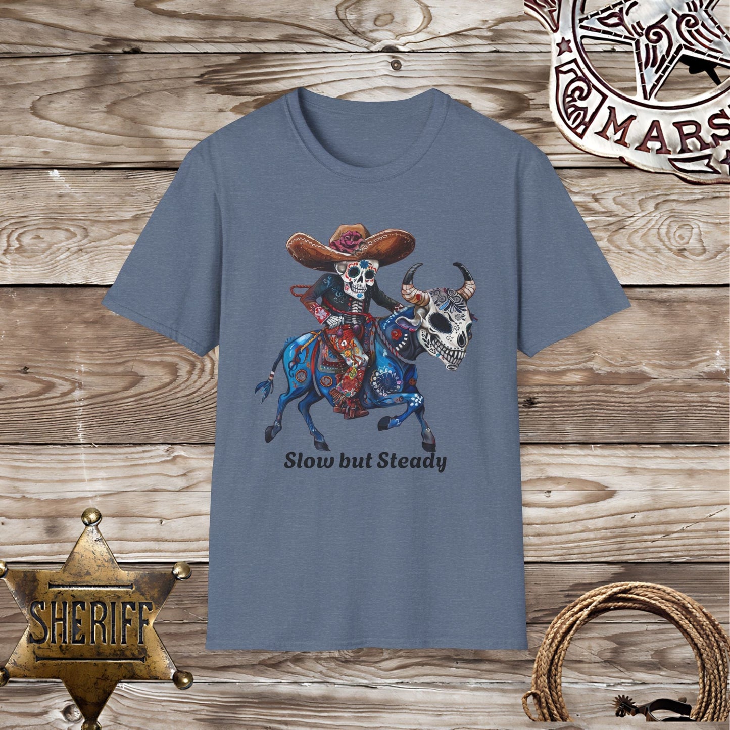 Softstyle Unisex T-Shirt:  Skelton riding a bull