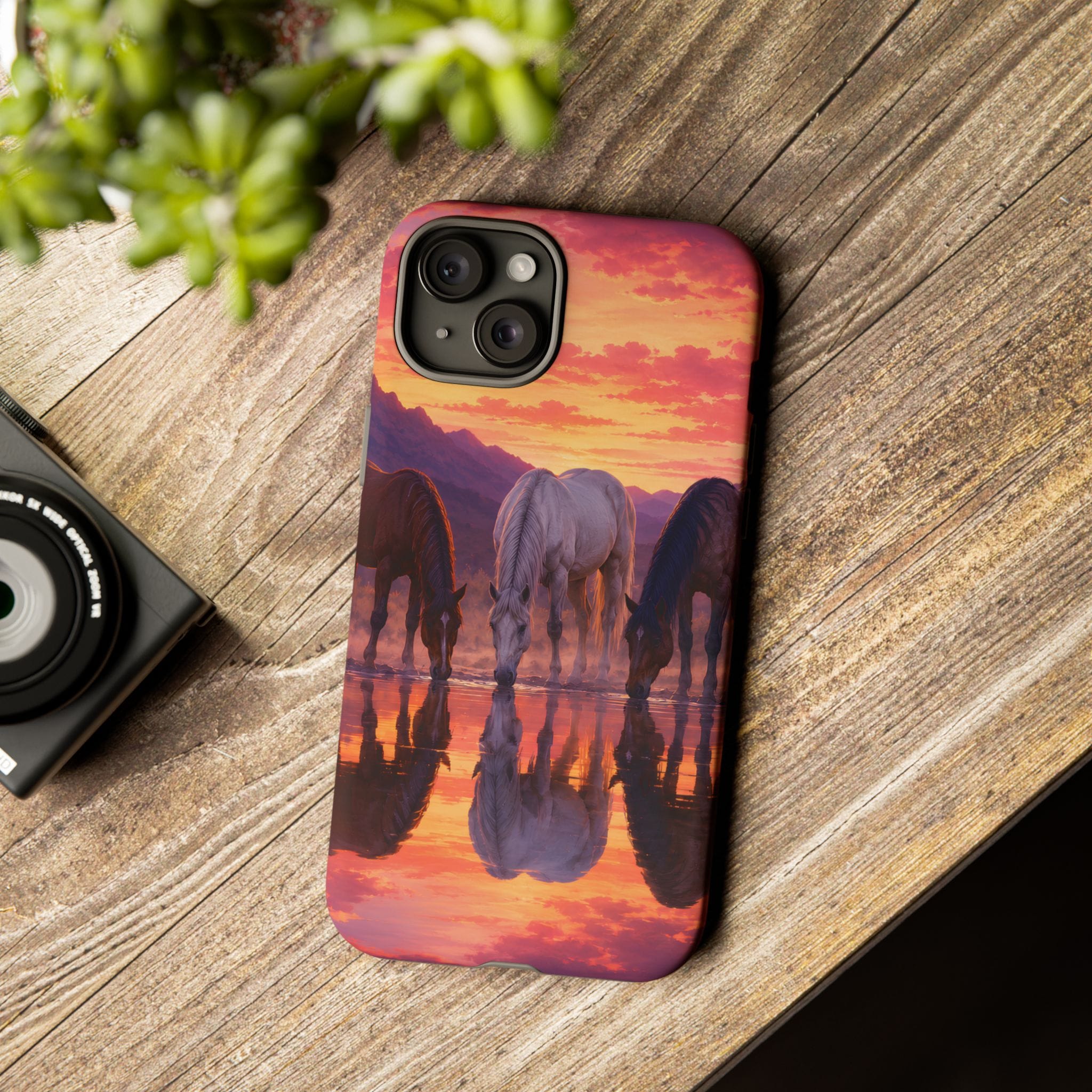 Horses at Sunset Reflection Phone Case