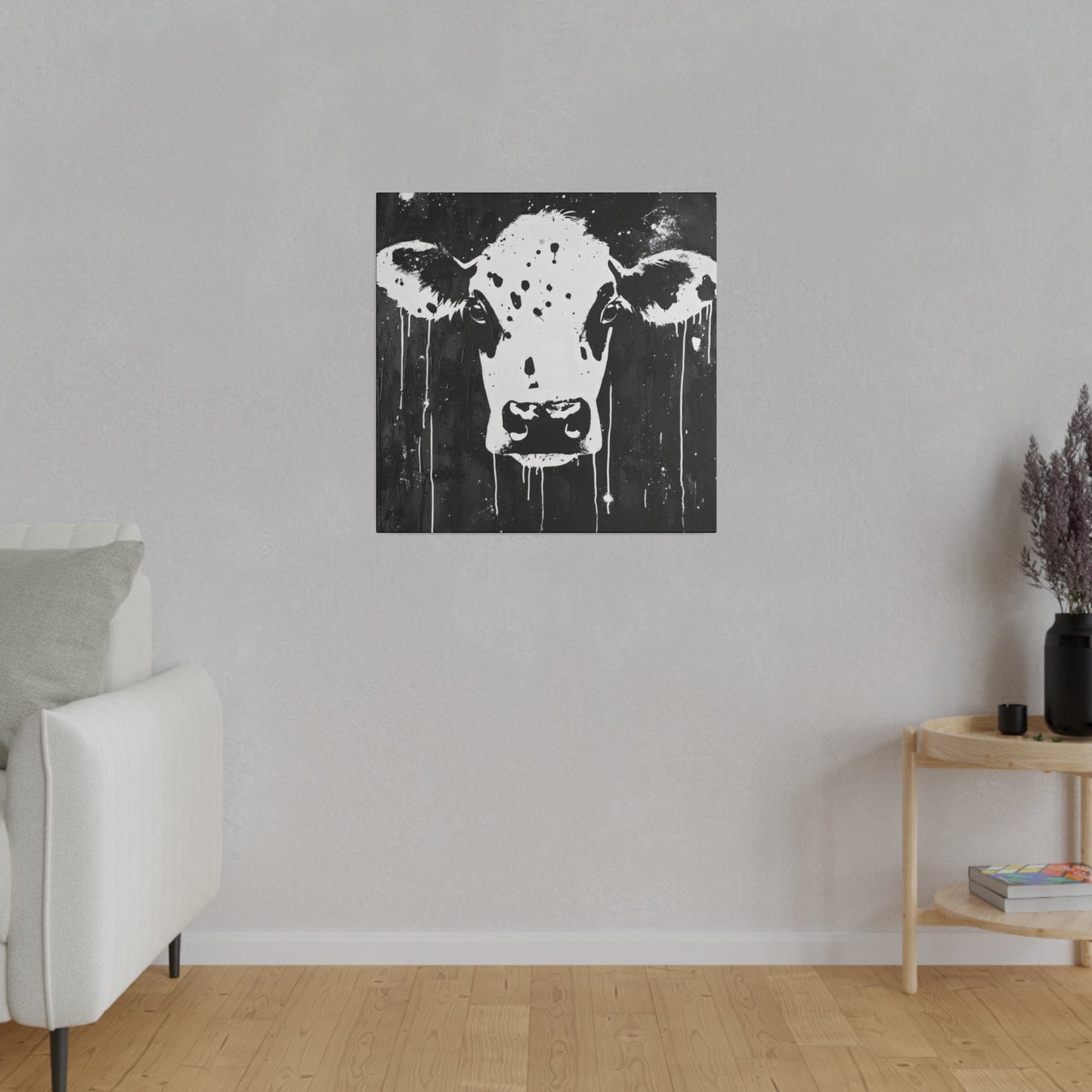 Matte Canvas, Stretched, 0.75"-Black and White print of Cow's head