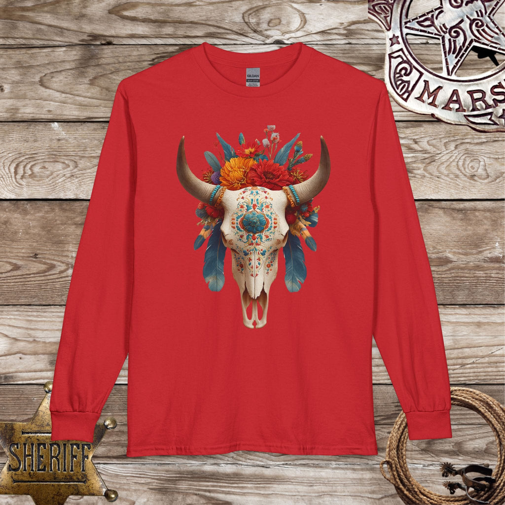 Boho Floral Longhorn Skull Long Sleeve Shirt