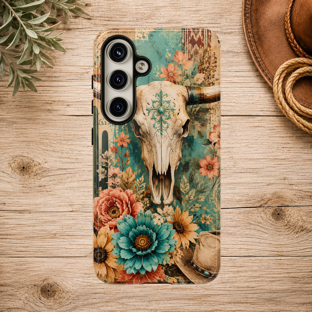 Turquoise Floral Longhorn Western Phone Case