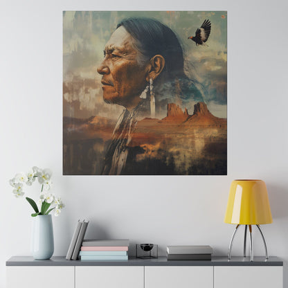 Matte Canvas, Stretched, 0.75" Silhouette of Indian Brave Imposed in front of Mountains