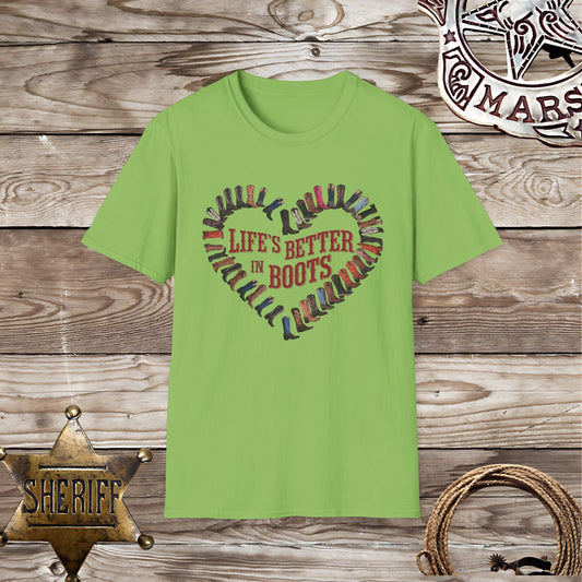 Softstyle Unisex T-Shirt: Life's Better in Boots Heart Design