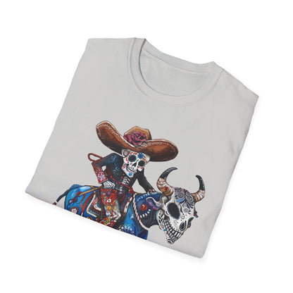 Softstyle Unisex T-Shirt:  Skelton riding a bull