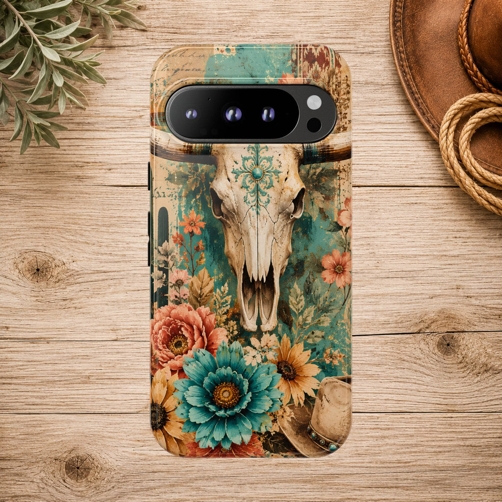 Turquoise Floral Longhorn Western Phone Case