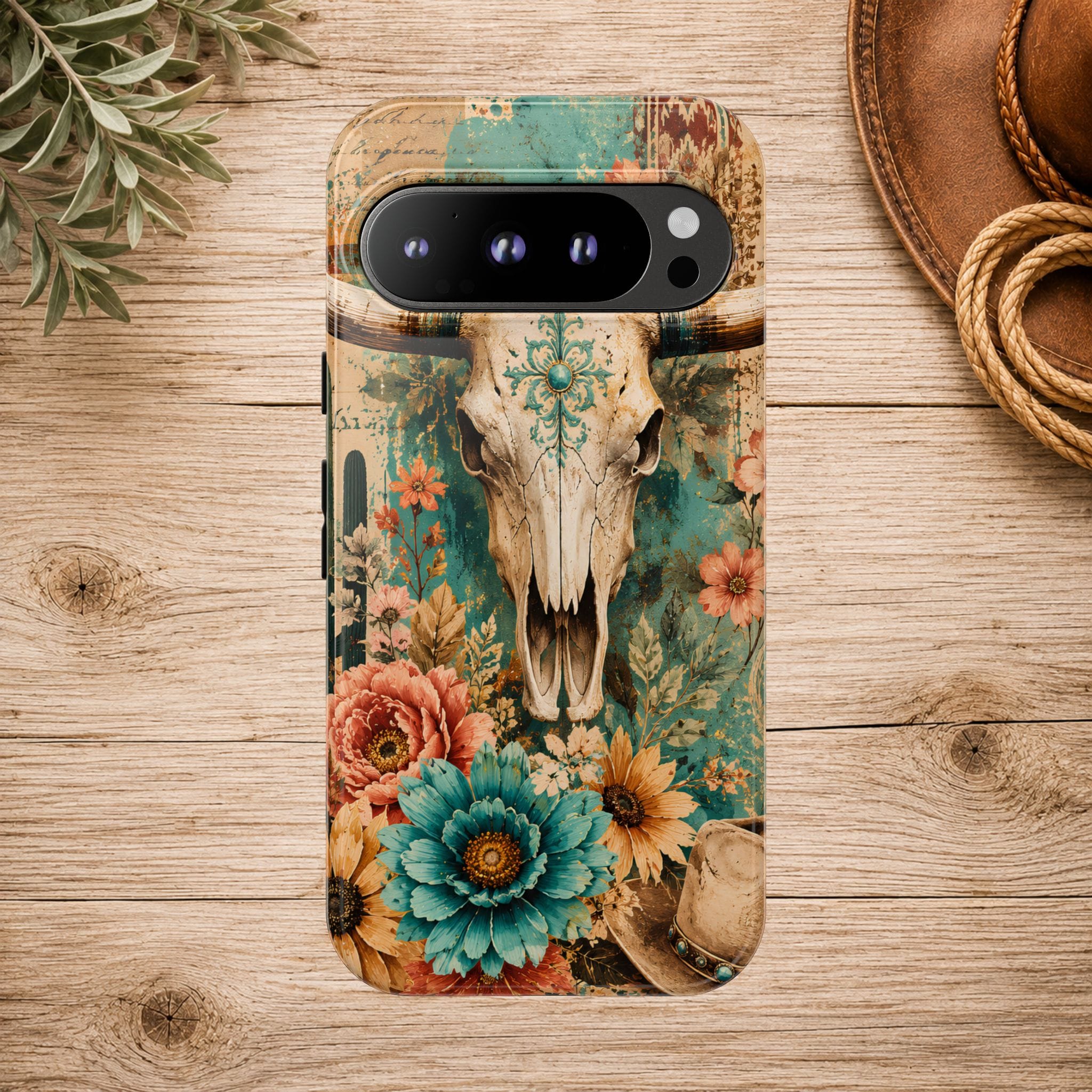 Turquoise Floral Longhorn Western Phone Case
