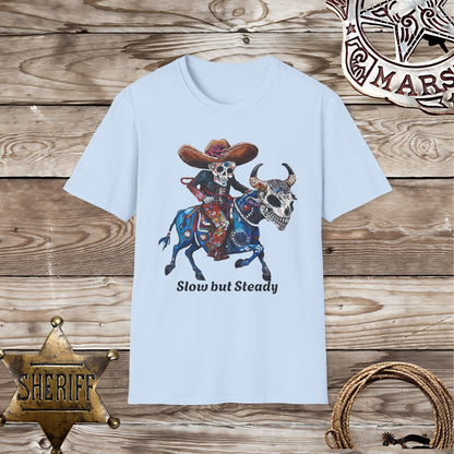 Softstyle Unisex T-Shirt:  Skelton riding a bull