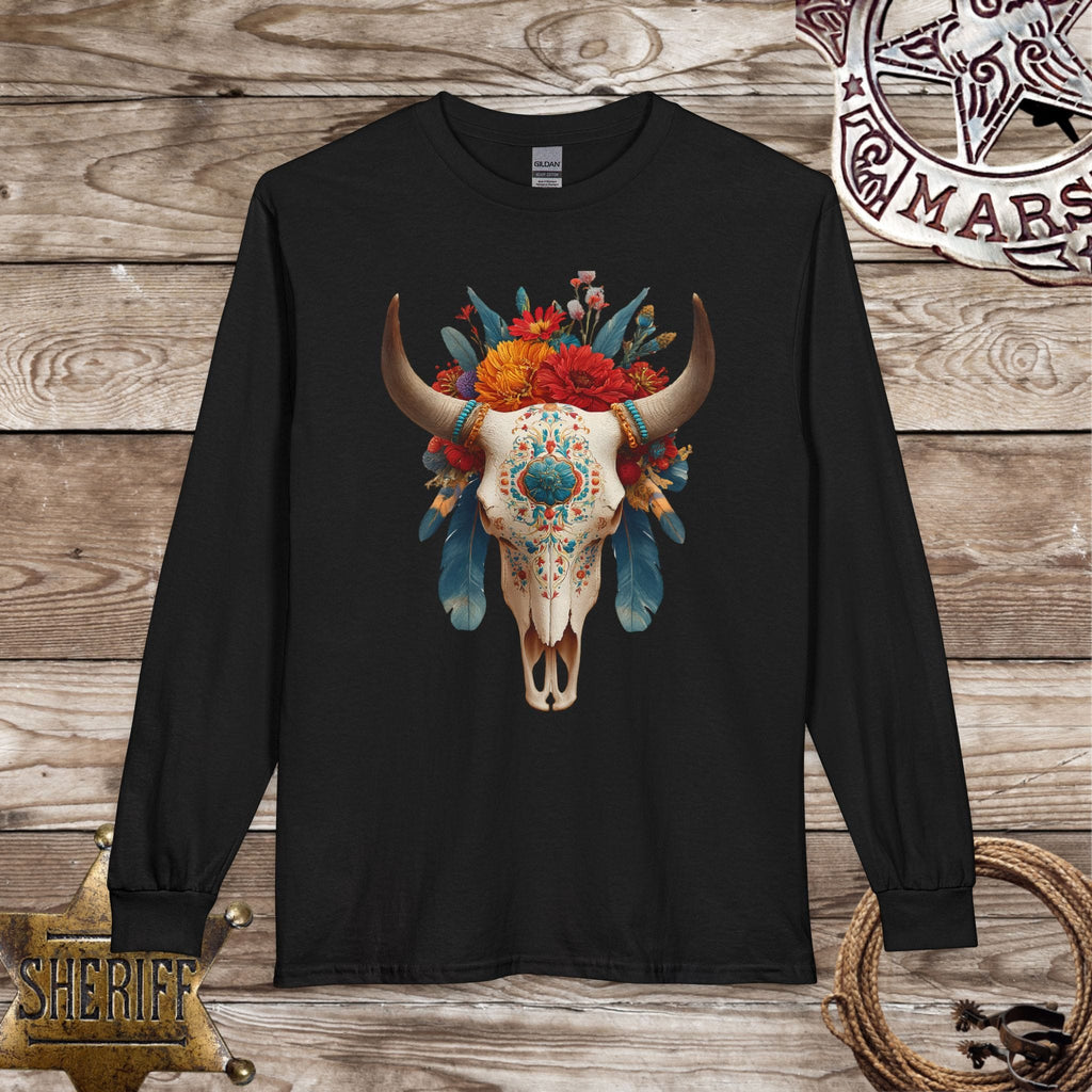 Boho Floral Longhorn Skull Long Sleeve Shirt