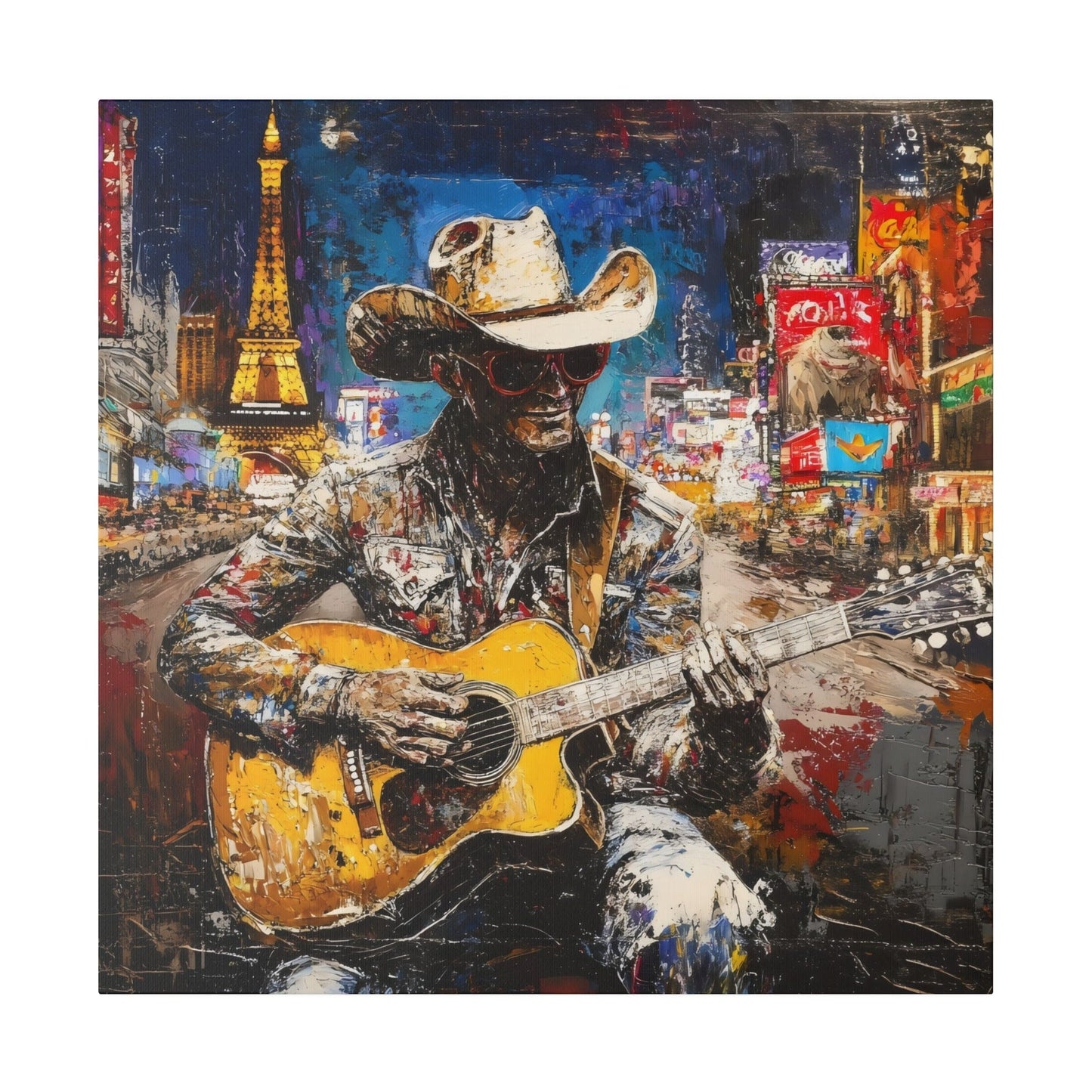 Matte Canvas, Stretched, 0.75"-Guitar Playing Cowboy with City in background