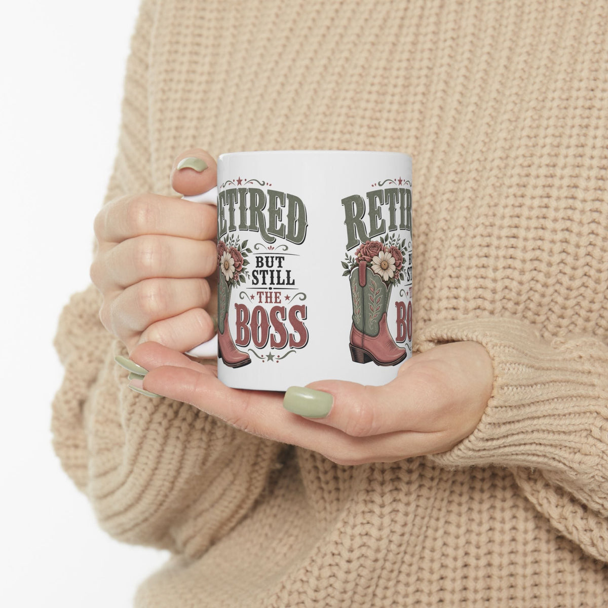 Retired But Still the Boss Mug, Funny Retirement Gift for Women, Western Cowgirl Coffee Mug, Cowboy Boot Gift, 11 oz