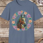 Horse Portrait Floral Wreath T-Shirt