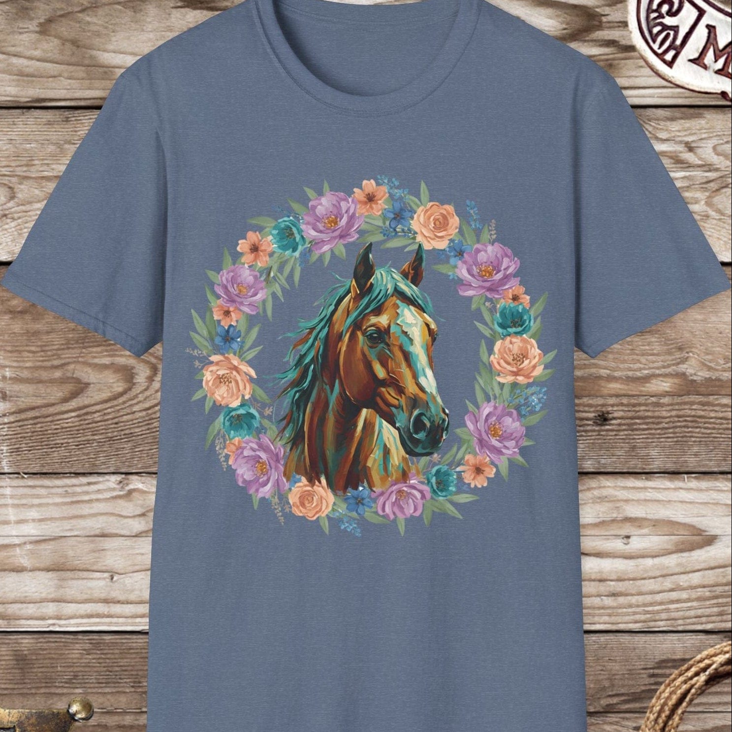 Horse Portrait Floral Wreath T-Shirt