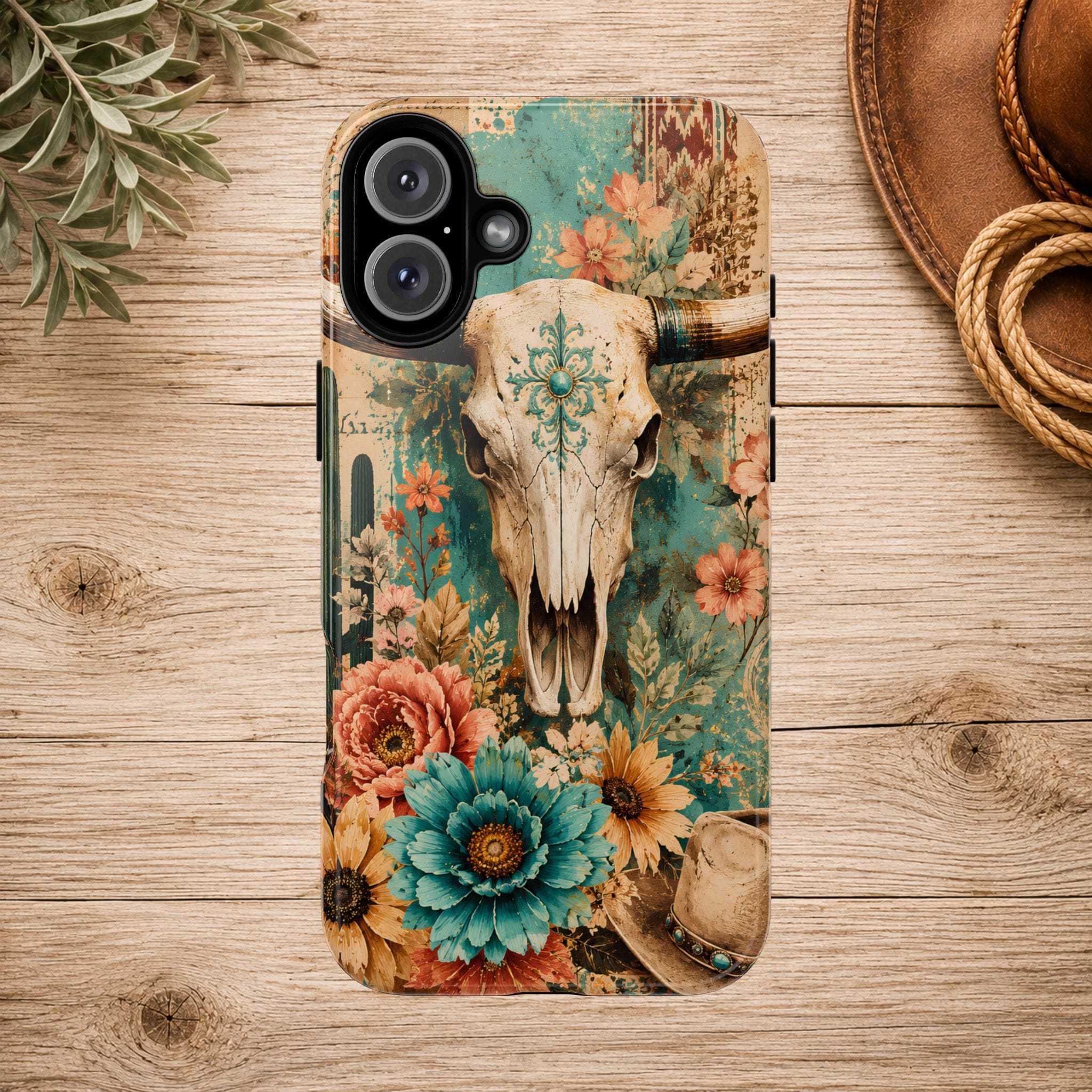Turquoise Floral Longhorn Western Phone Case