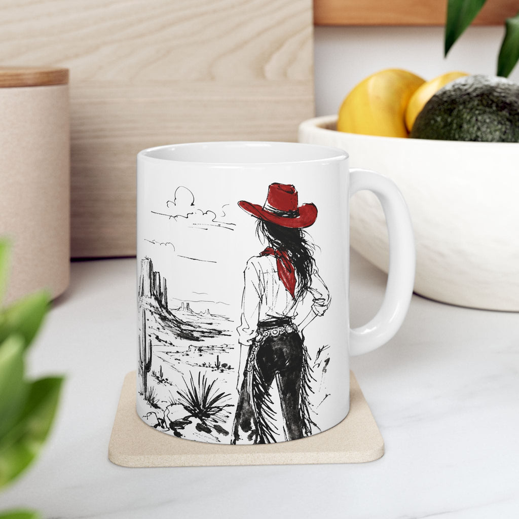 Red Hat Cowgirl Desert Sketch Coffee Mug
