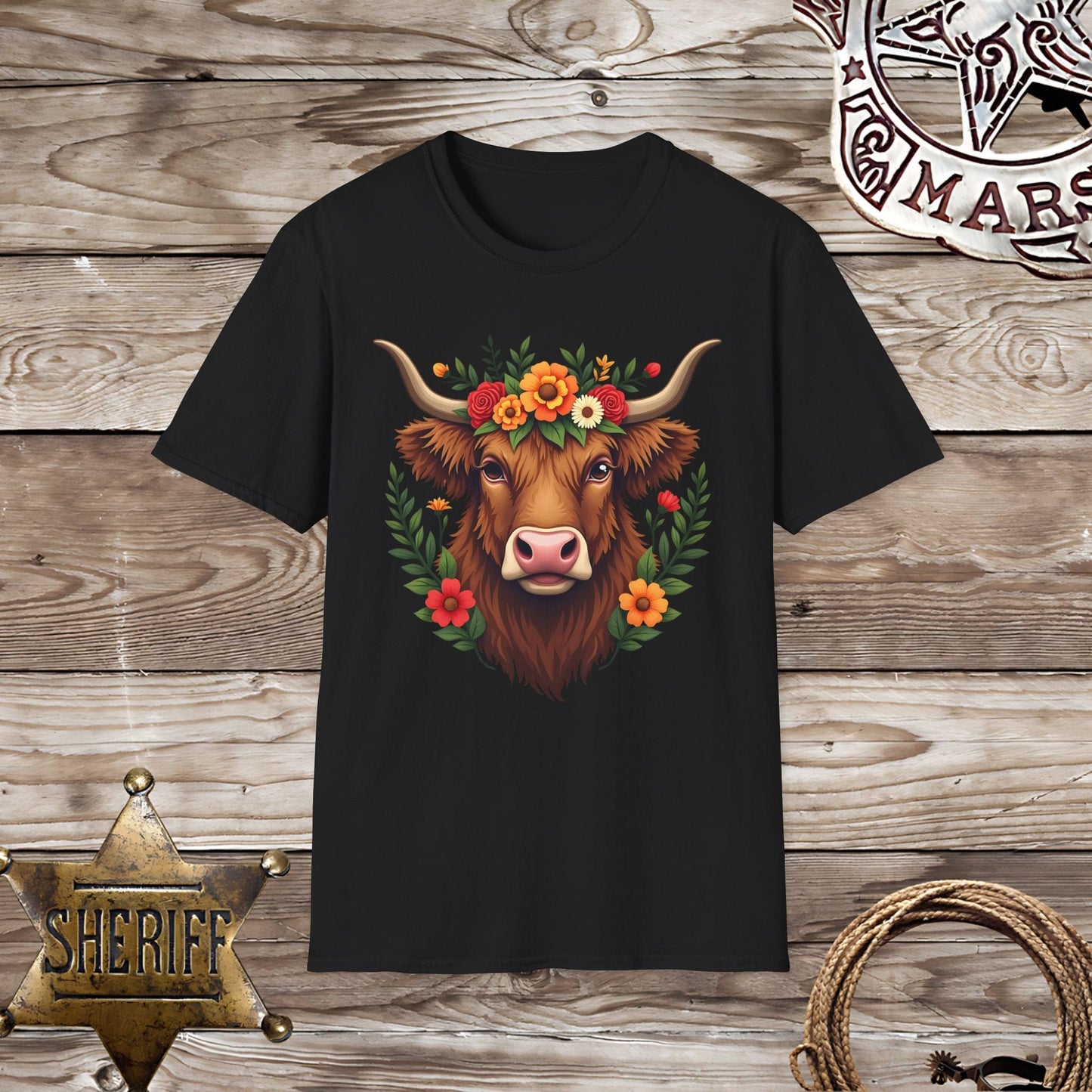 Softstyle Unisex T-Shirt-Highland cow with Flowers