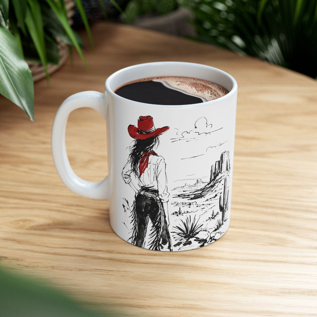 Red Hat Cowgirl Desert Sketch Coffee Mug