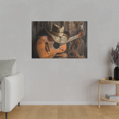 Matte Canvas, Stretched, 0.75"-Old Cowboy hat, Guitar,