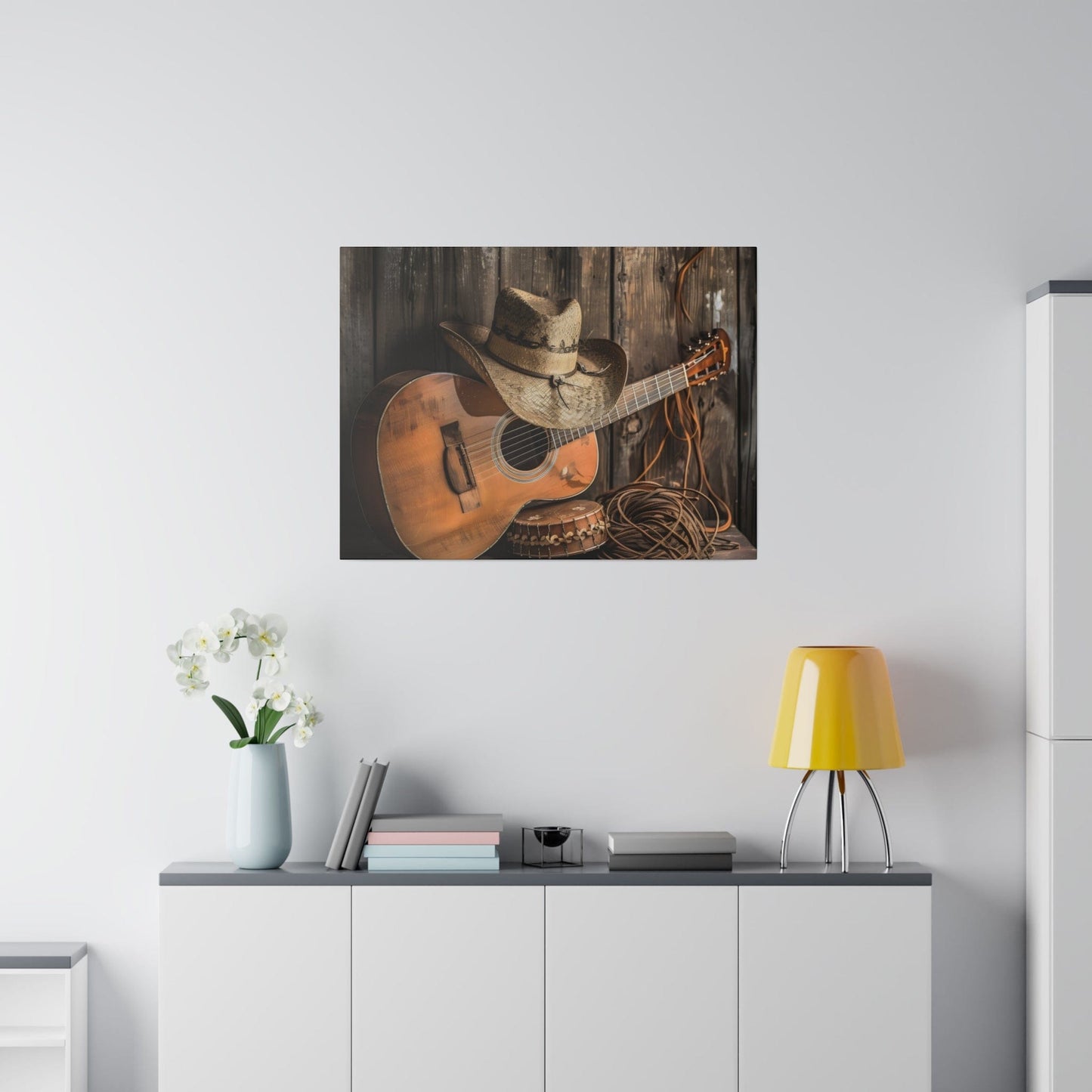 Matte Canvas, Stretched, 0.75"-Old Cowboy hat, Guitar,