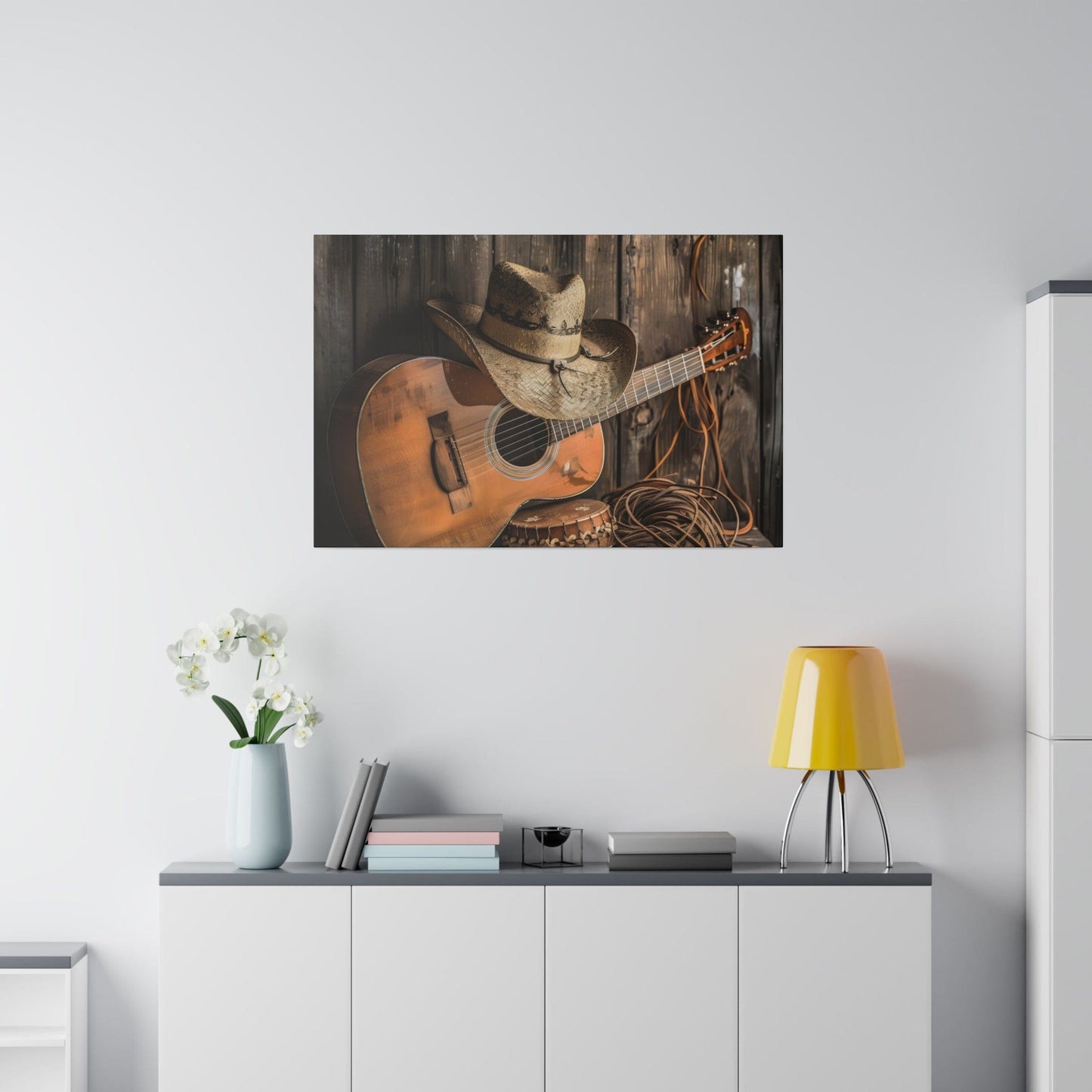 Matte Canvas, Stretched, 0.75"-Old Cowboy hat, Guitar,