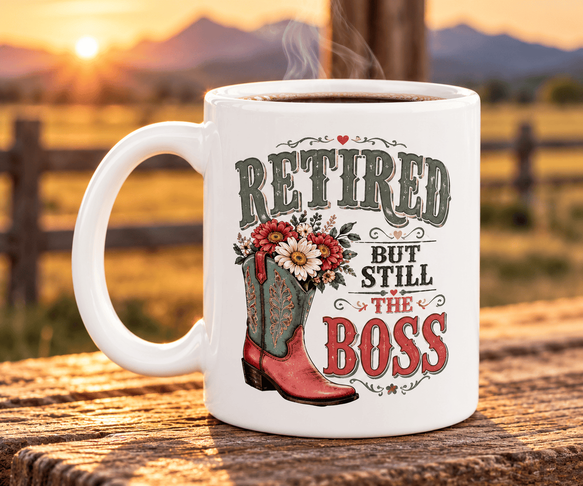 Retired But Still the Boss Mug, Funny Retirement Gift for Women, Western Cowgirl Coffee Mug, Cowboy Boot Gift, 11 oz